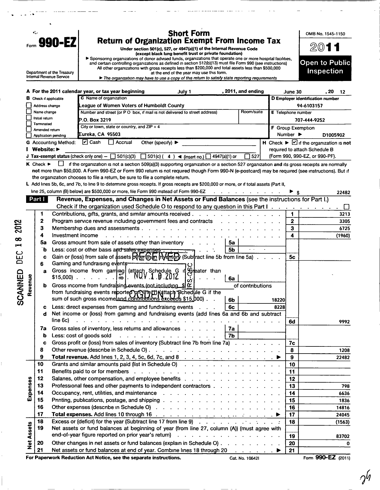 Image of first page of 2011 Form 990EO for League of Women Voters of Humboldt County