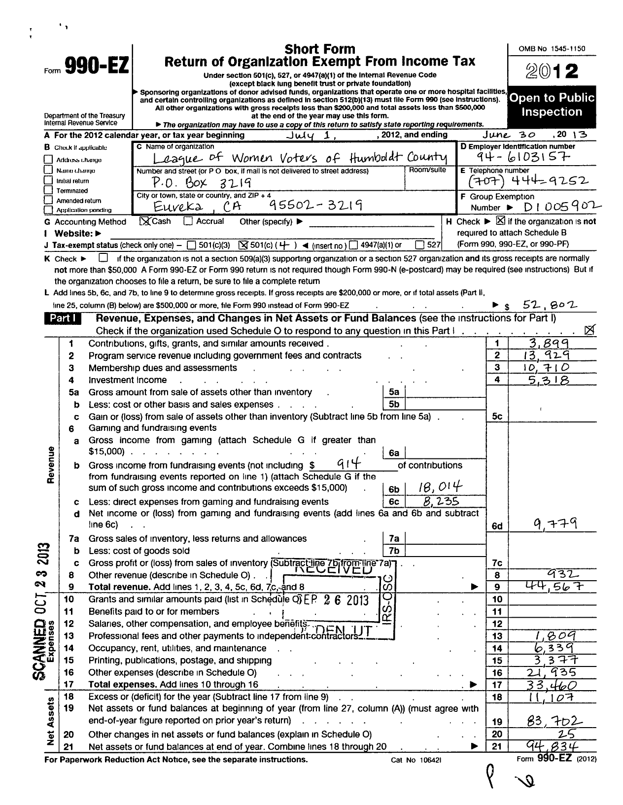 Image of first page of 2012 Form 990EO for League of Women Voters of Humboldt County