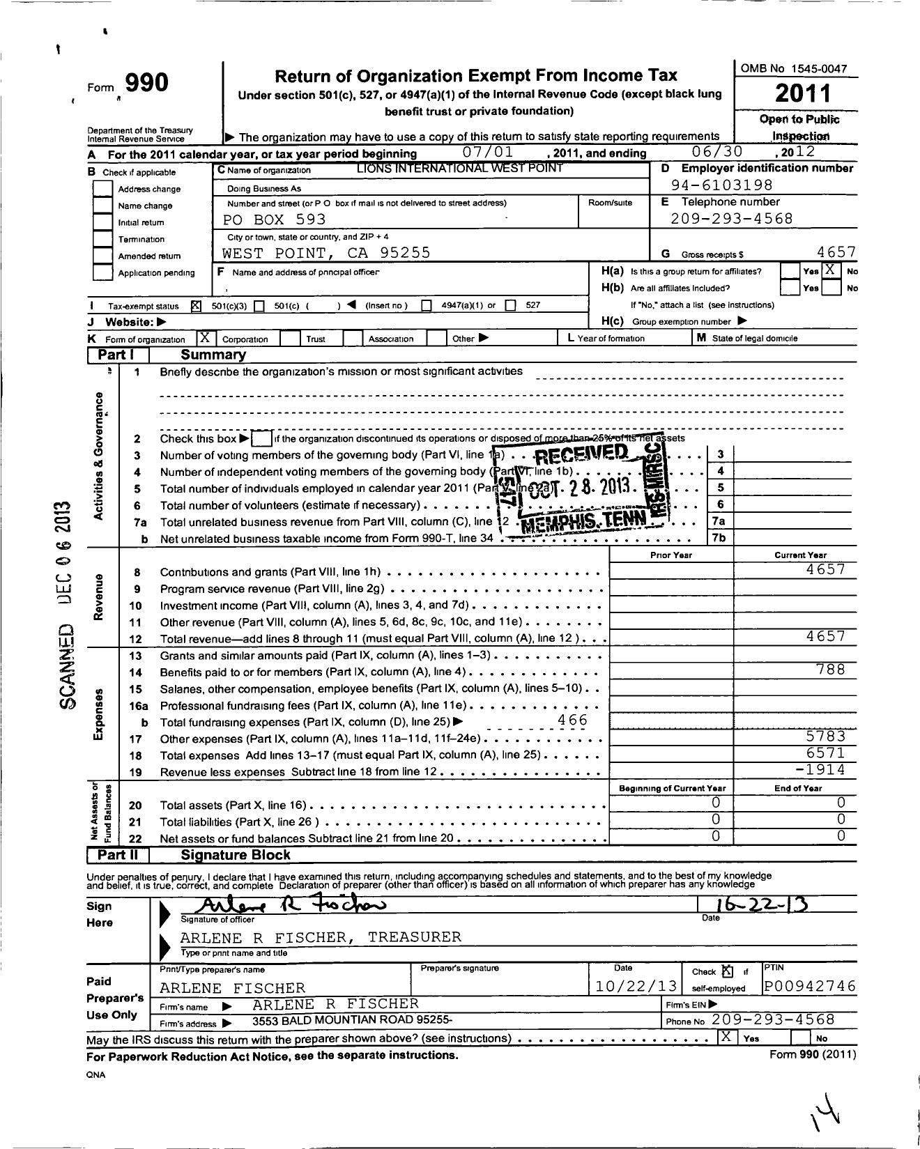 Image of first page of 2011 Form 990 for West Point Lions Club