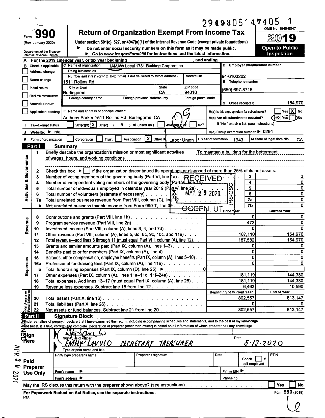 Image of first page of 2019 Form 990O for International Association of Machinists and Aerospace Workers - IAMAW Local 1781 Building Corp