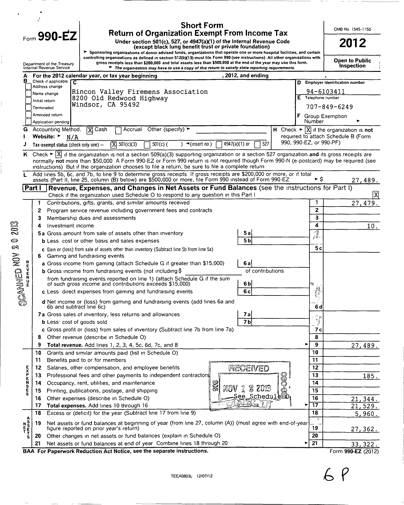 Image of first page of 2012 Form 990EZ for Rincon Valley Firemens Association