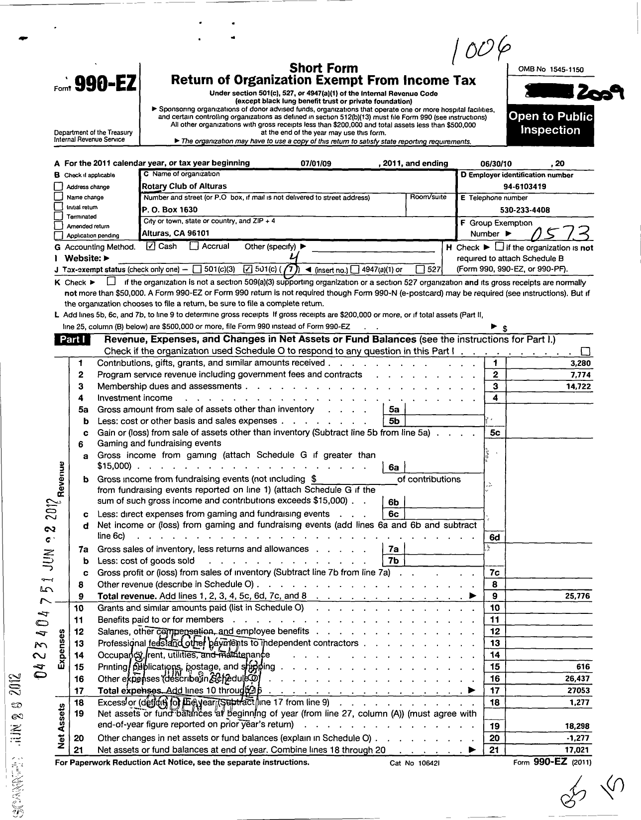 Image of first page of 2009 Form 990EO for Rotary International - Rotary Club of Alturas