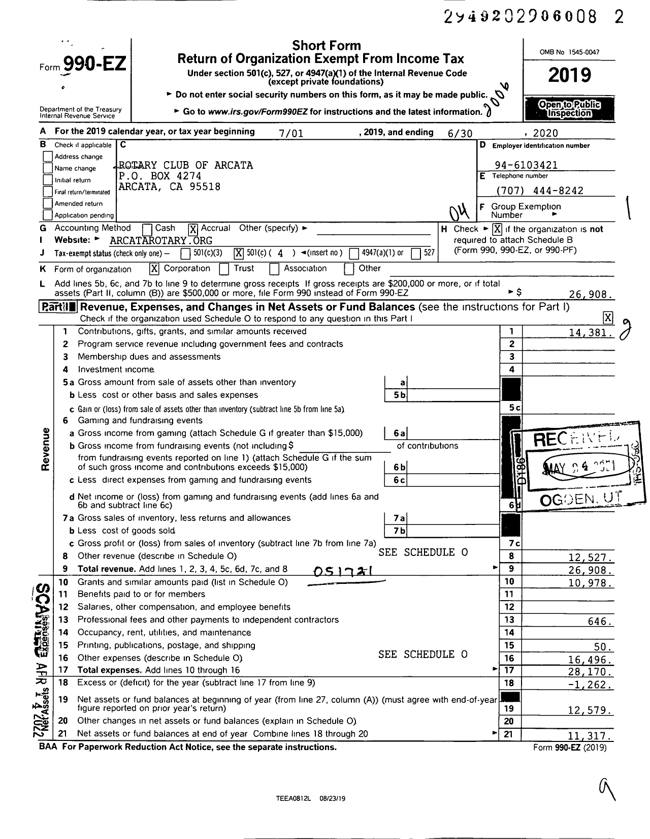 Image of first page of 2019 Form 990EO for Rotary International - Arcata Rotary Club