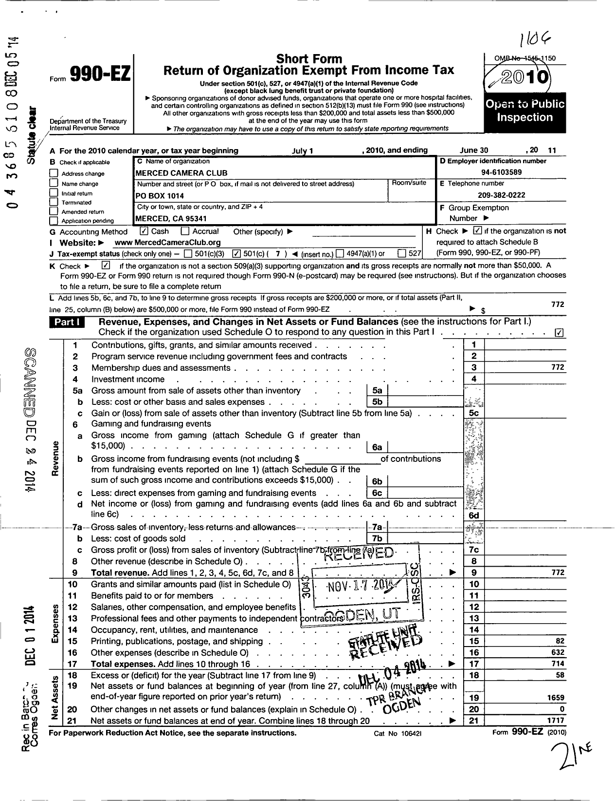 Image of first page of 2010 Form 990EO for Merced Camera Club