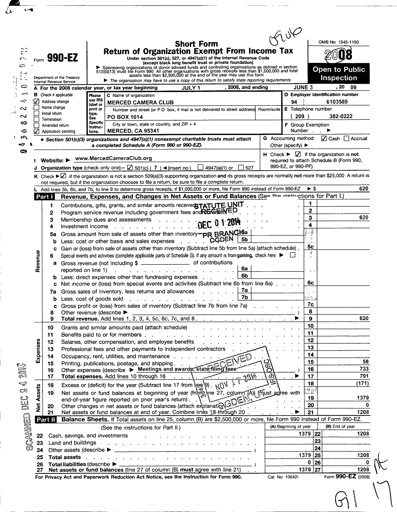 Image of first page of 2008 Form 990EO for Merced Camera Club