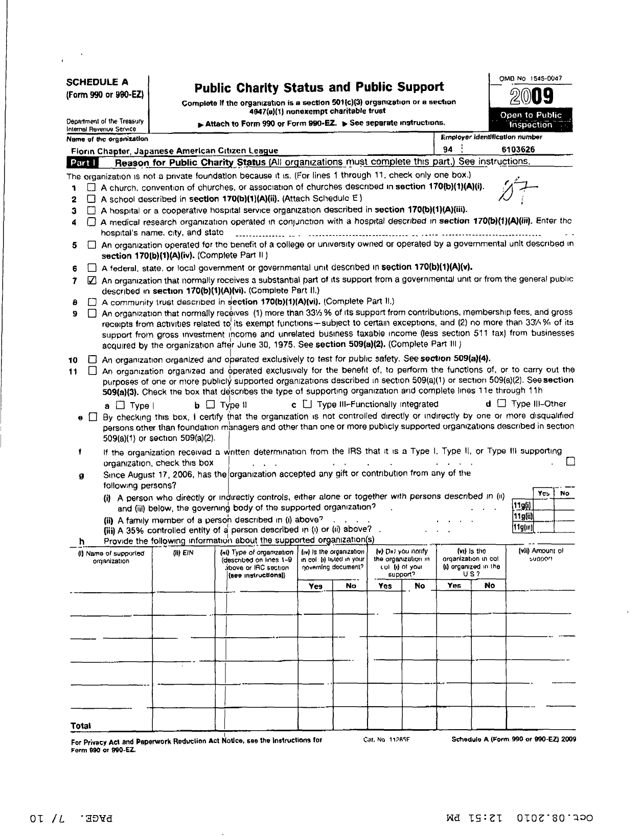 Image of first page of 2009 Form 990ER for Japanese American Citizens League / Florin-Sacramento Valley Chapter