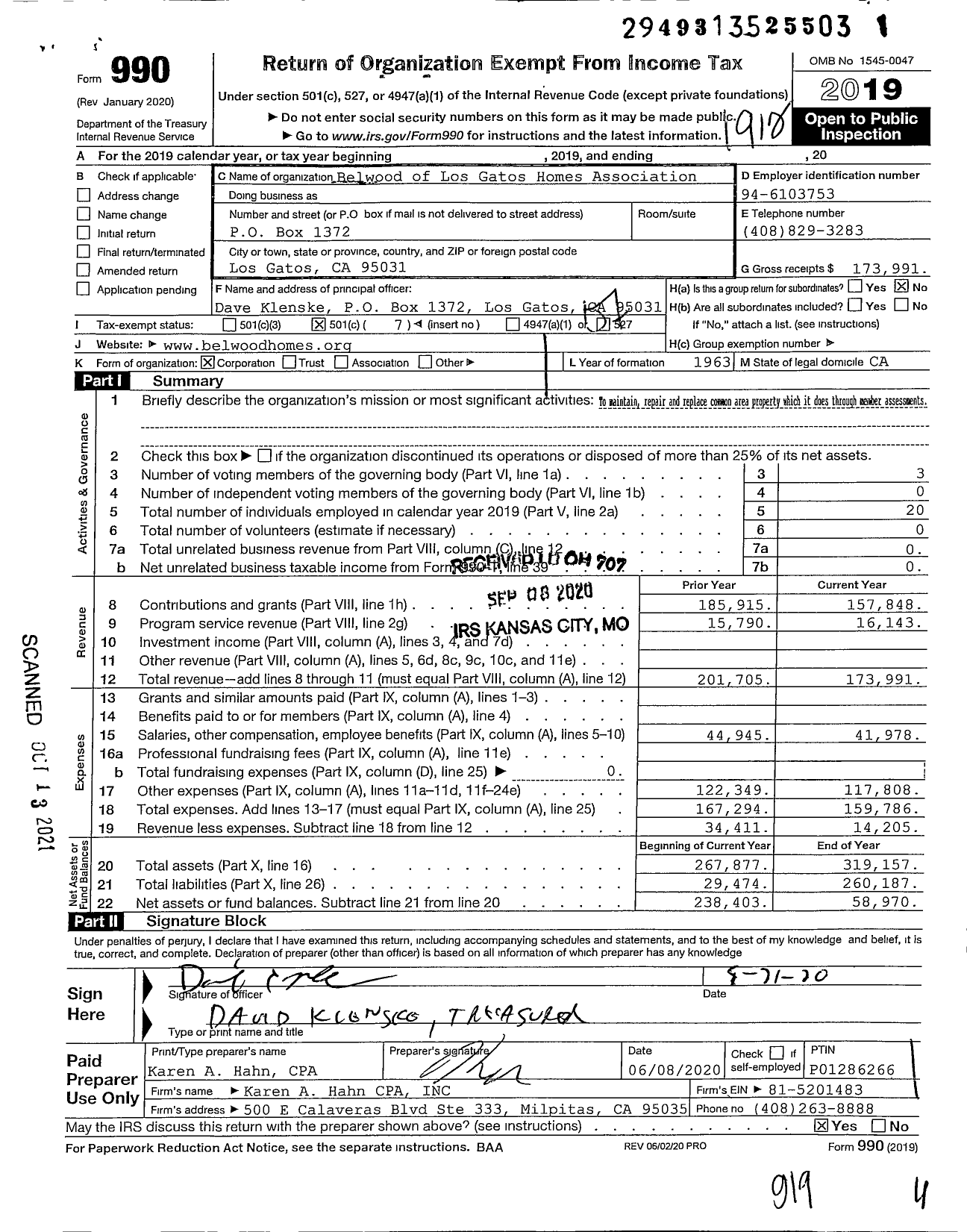 Image of first page of 2019 Form 990O for Belwood of Los Gatos Homes Association