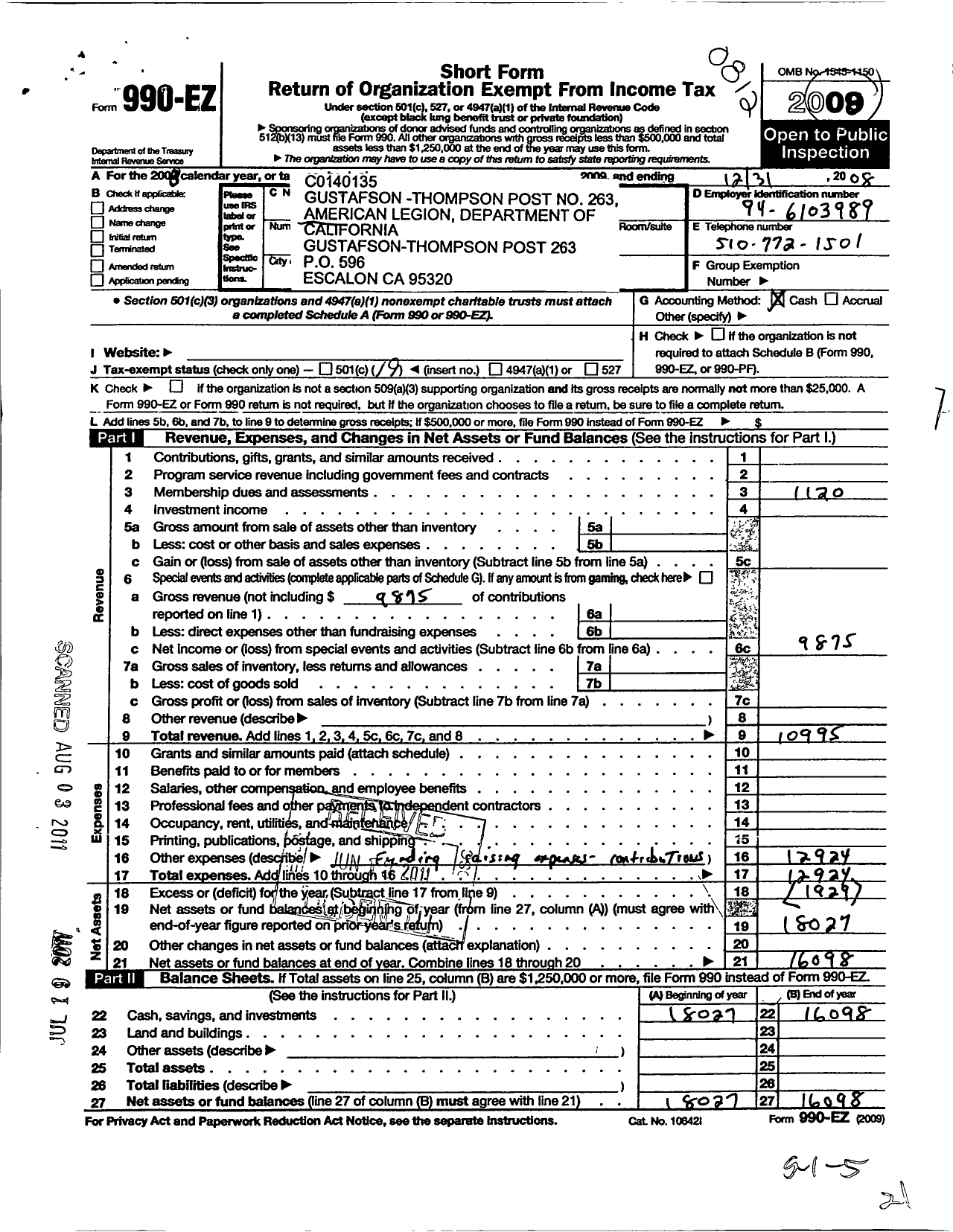 Image of first page of 2008 Form 990EO for American Legion - 263 Gustafson Thompson Post