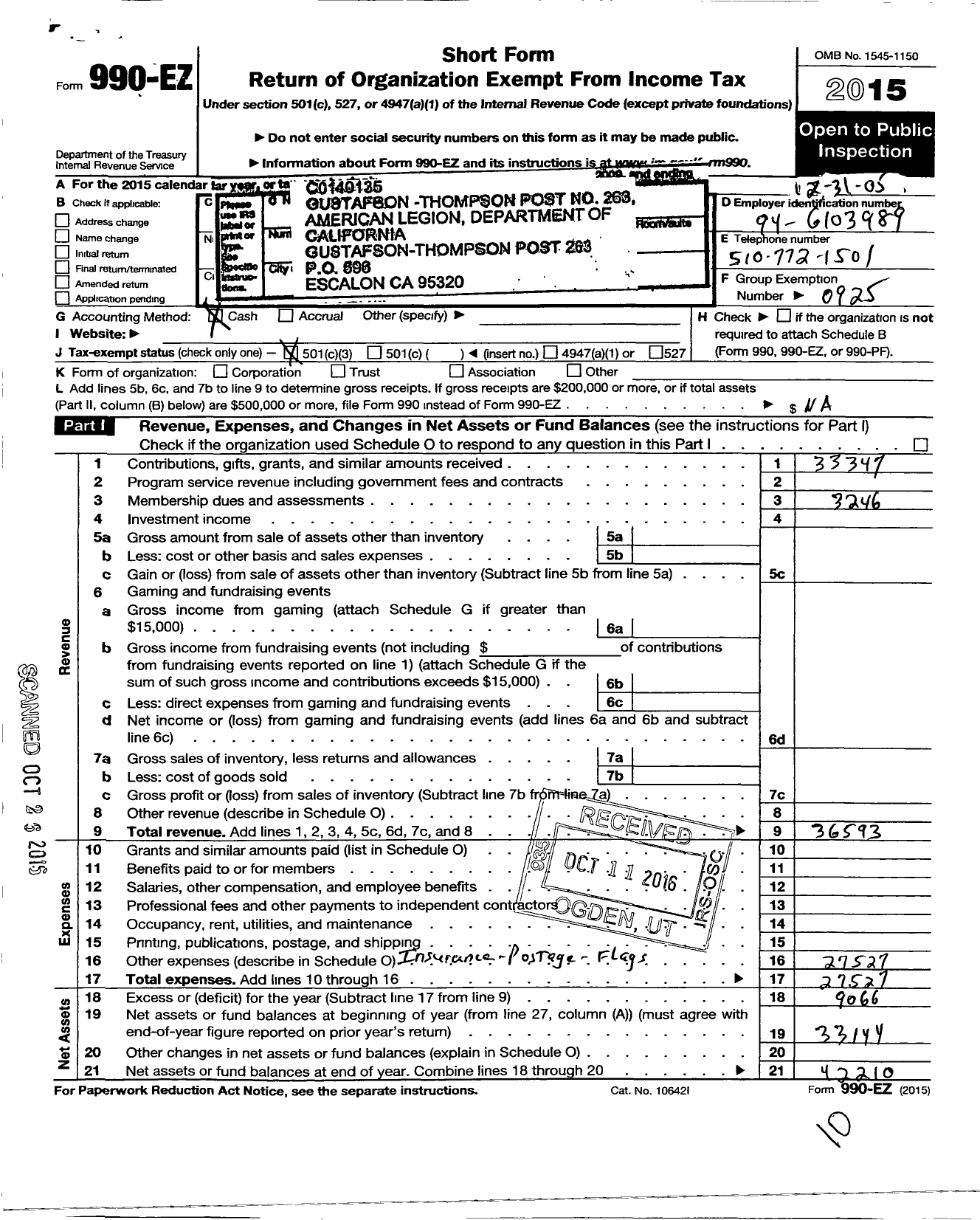 Image of first page of 2015 Form 990EZ for American Legion - 263 Gustafson Thompson Post