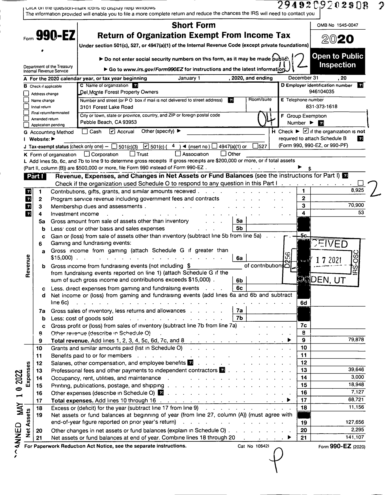 Image of first page of 2020 Form 990EO for Del Monte Forest Property Owners