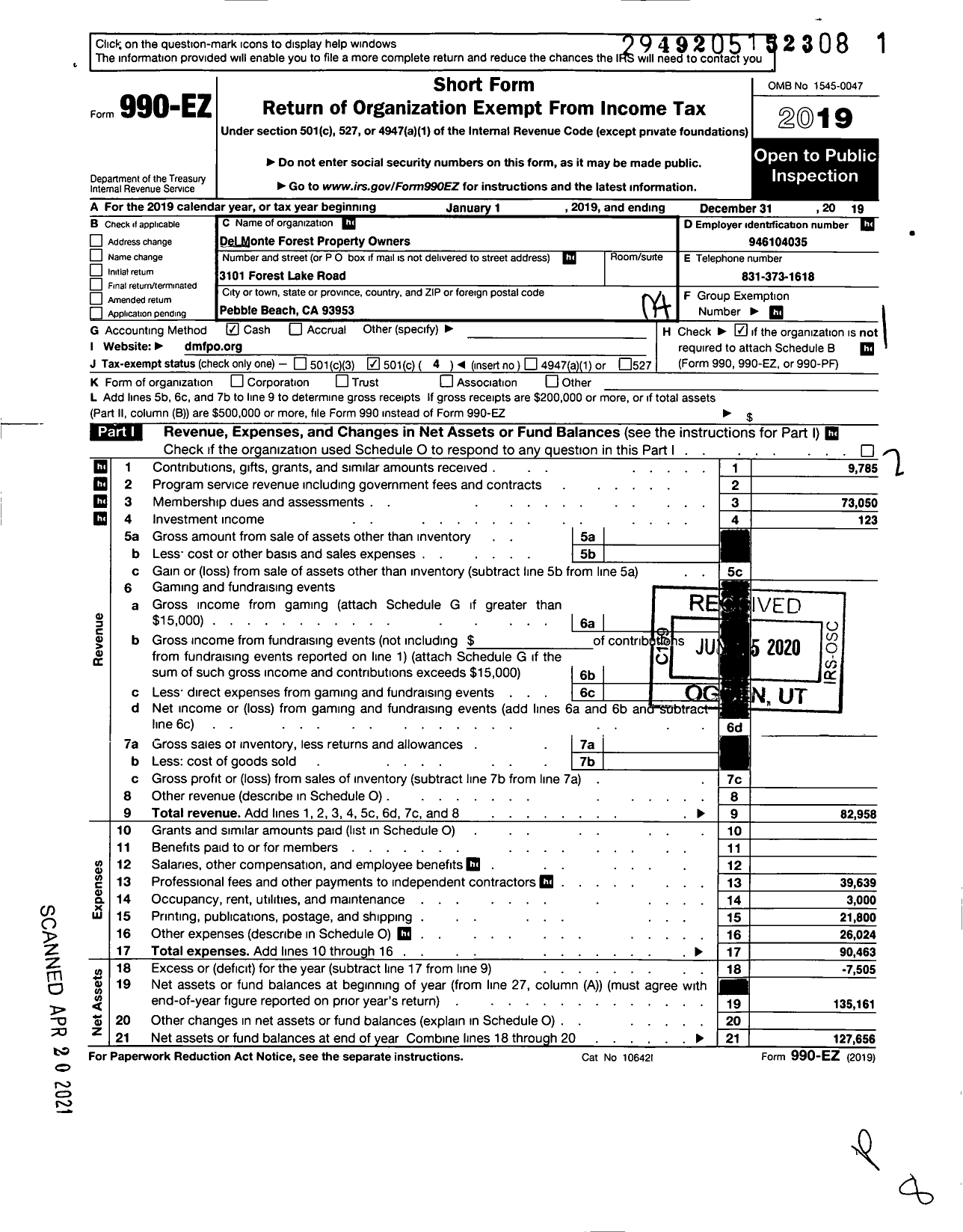 Image of first page of 2019 Form 990EO for Del Monte Forest Property Owners