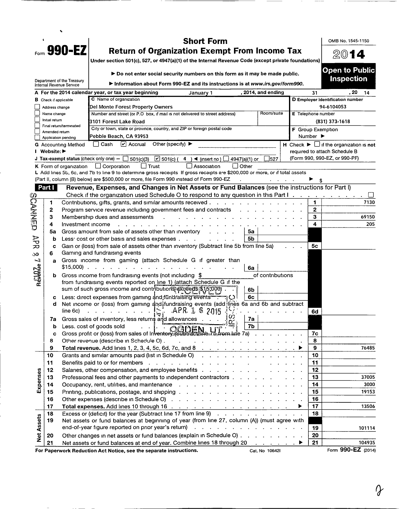 Image of first page of 2014 Form 990EO for Phi Beta Kappa Society - Alpha of California Chapter