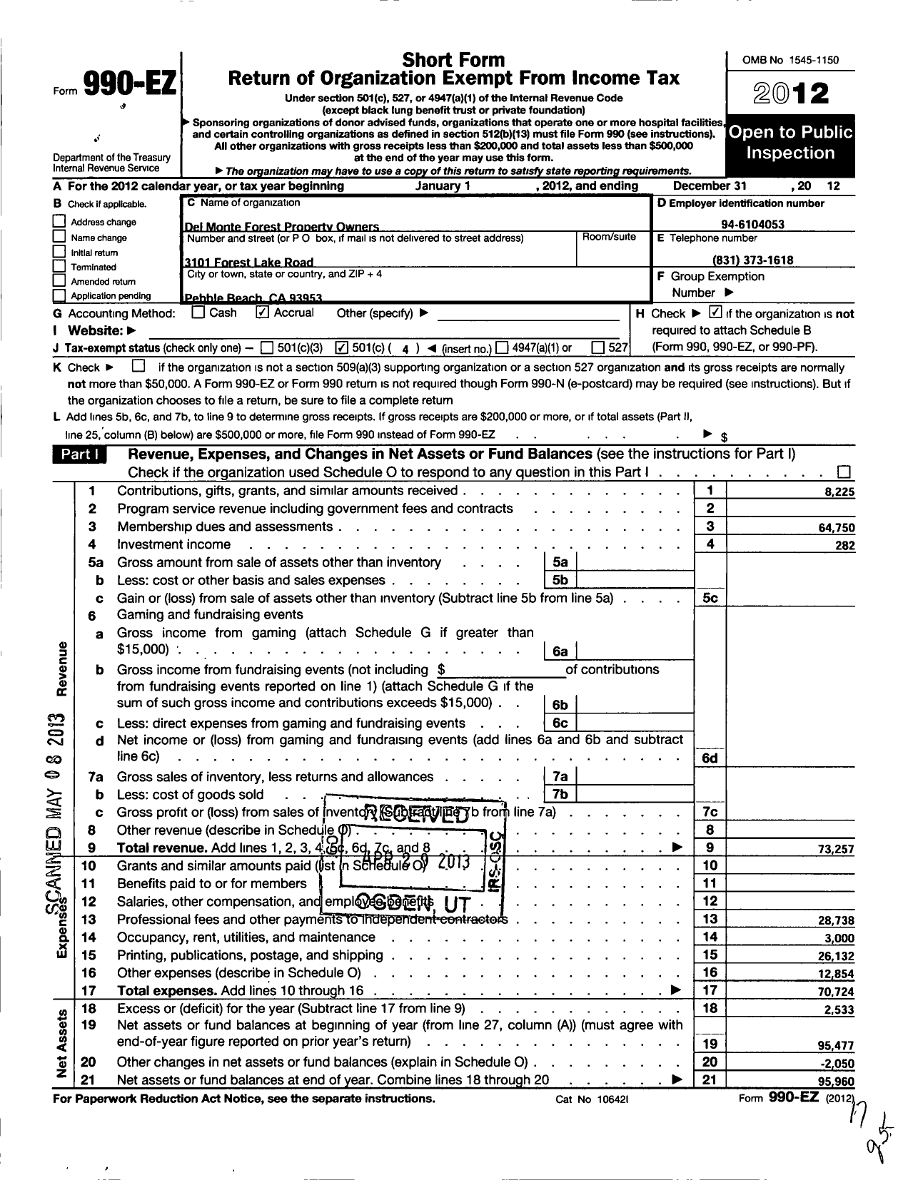 Image of first page of 2012 Form 990EO for Phi Beta Kappa Society - Alpha of California Chapter