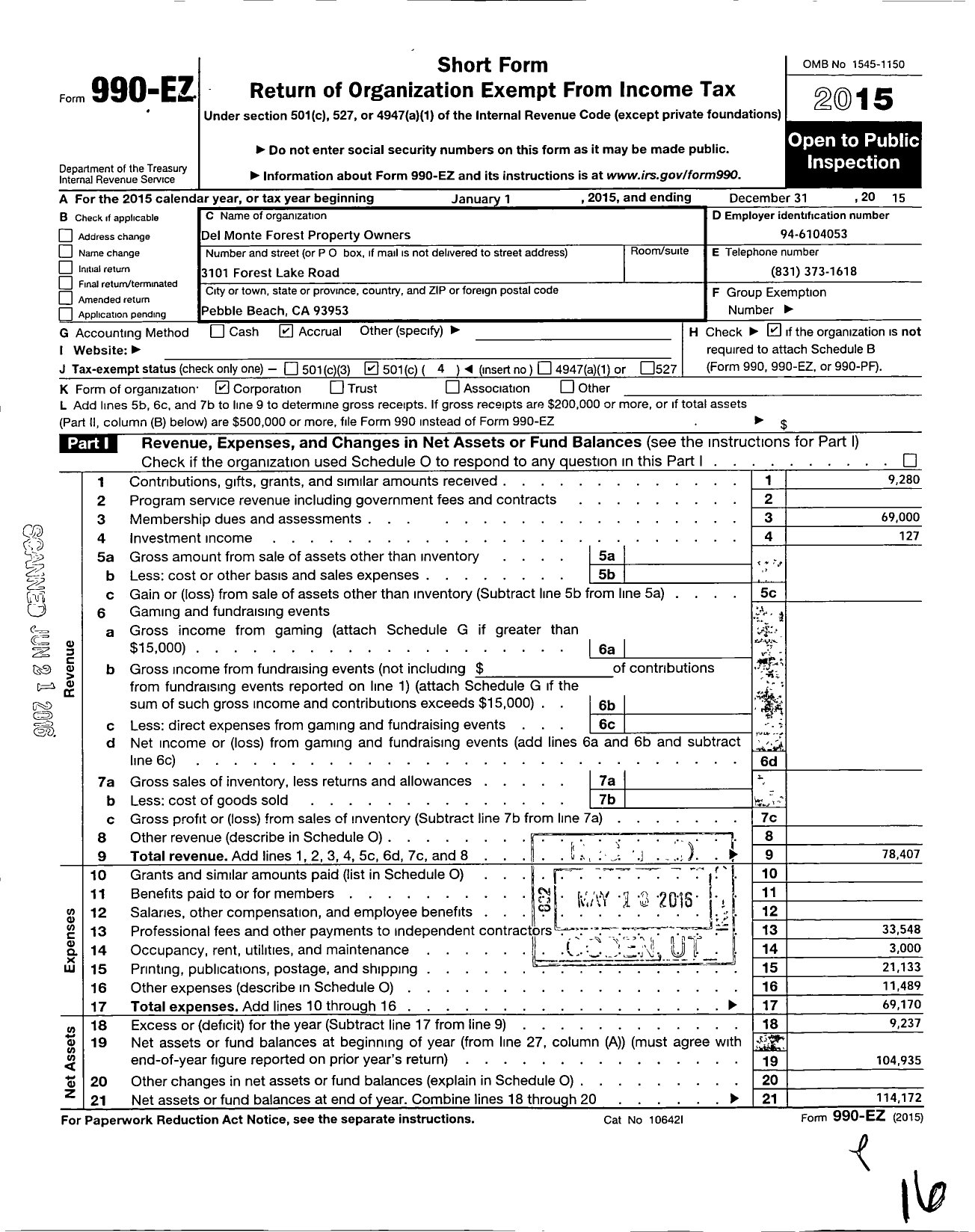 Image of first page of 2015 Form 990EO for Phi Beta Kappa Society - Alpha of California Chapter