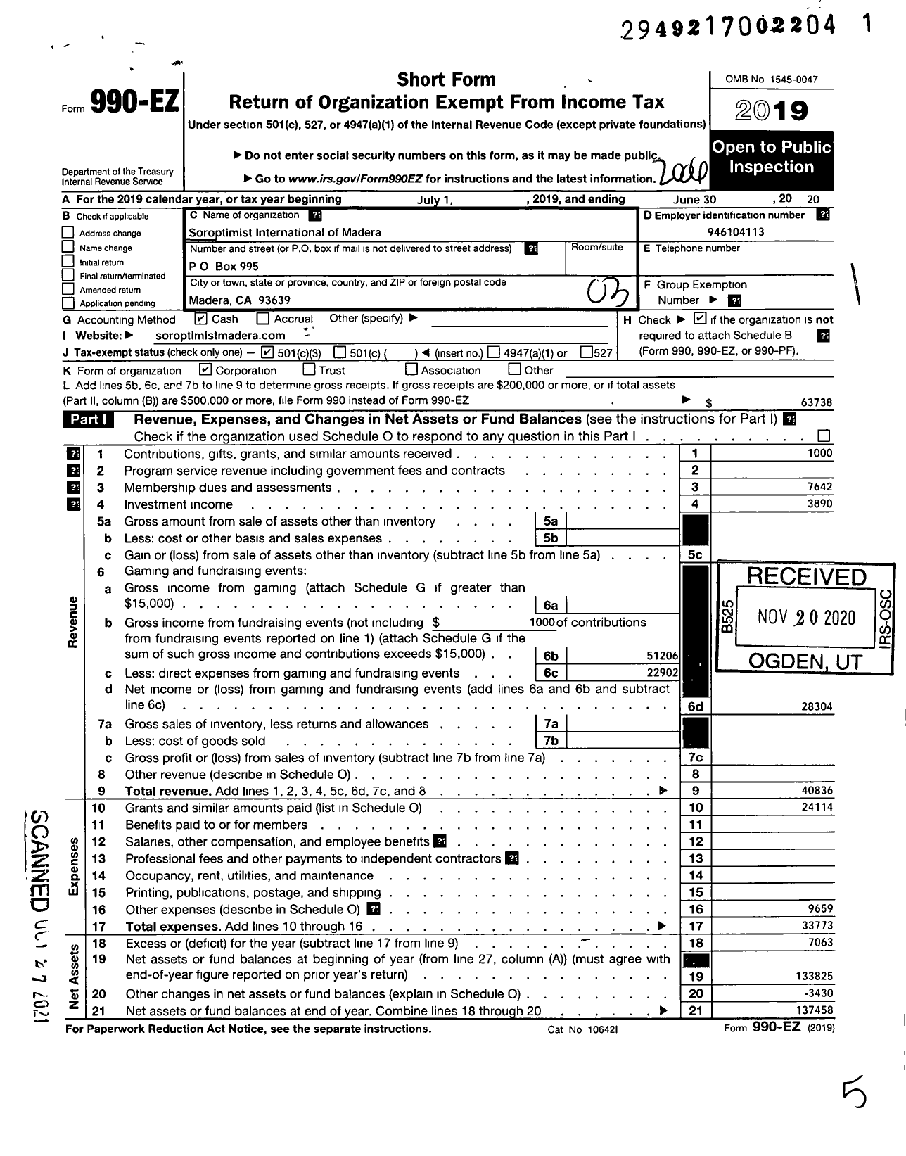 Image of first page of 2019 Form 990EZ for Soroptimist International of the Americas - 117213 Madera Club