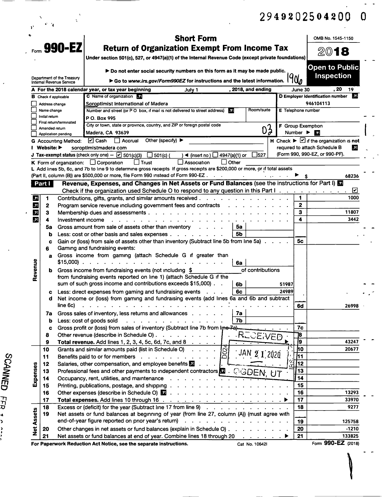 Image of first page of 2018 Form 990EZ for Soroptimist International of the Americas - 117213 Madera Club