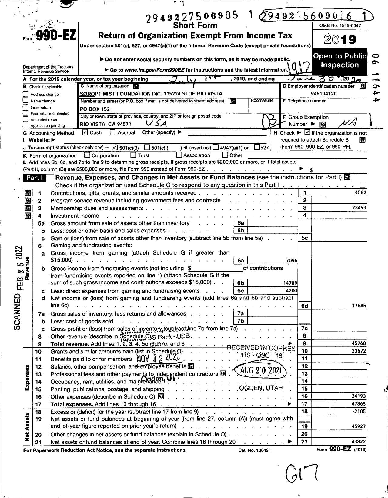 Image of first page of 2019 Form 990EZ for Soroptimist International of the Americas - 115224 Rio vista Ca