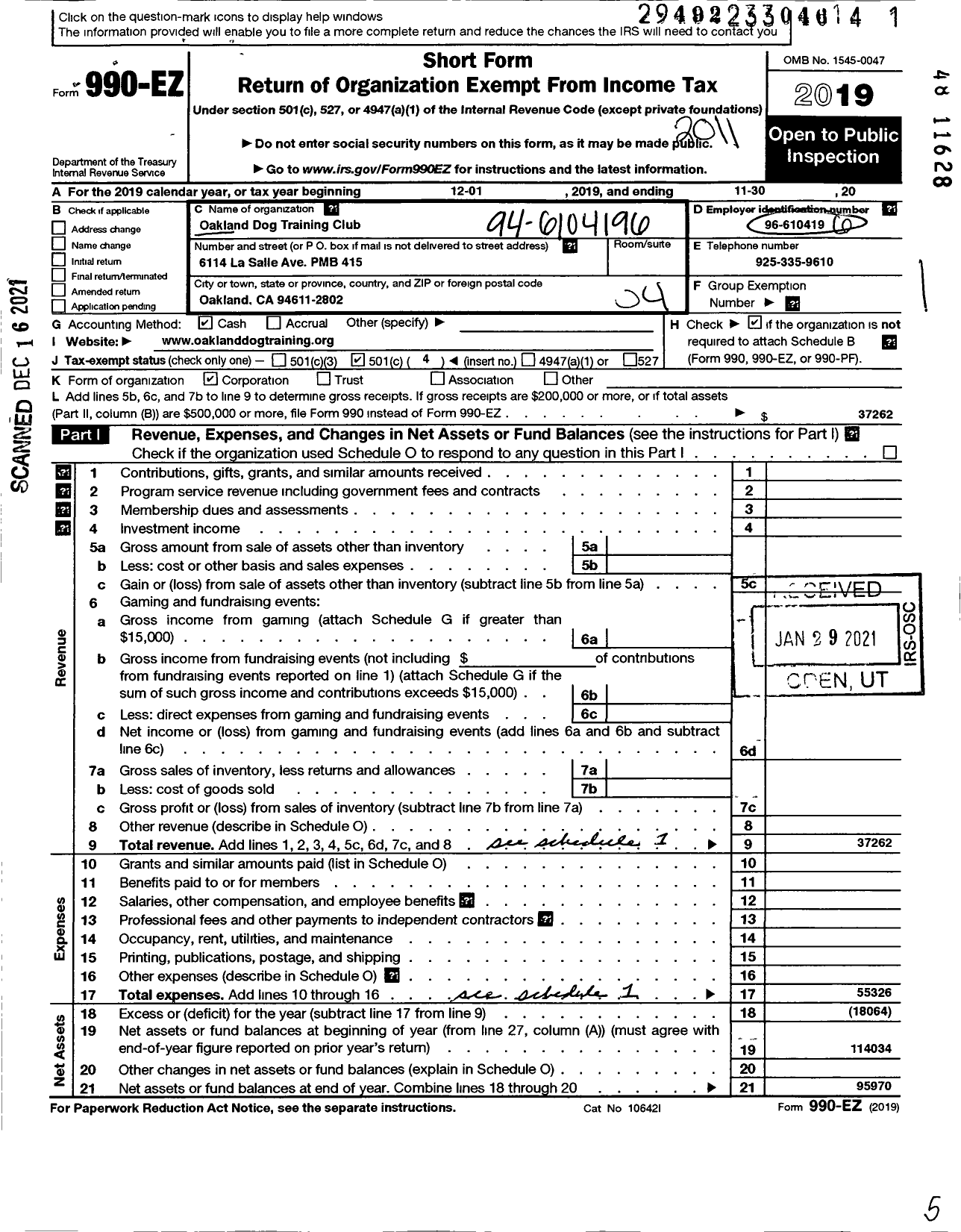 Image of first page of 2019 Form 990EO for Oakland Dog Training Club