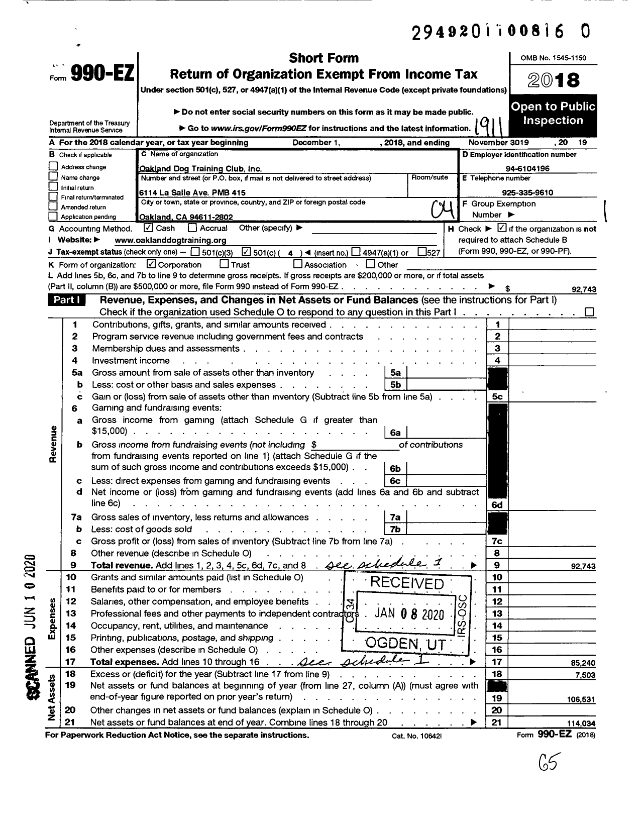 Image of first page of 2018 Form 990EO for Oakland Dog Training Club