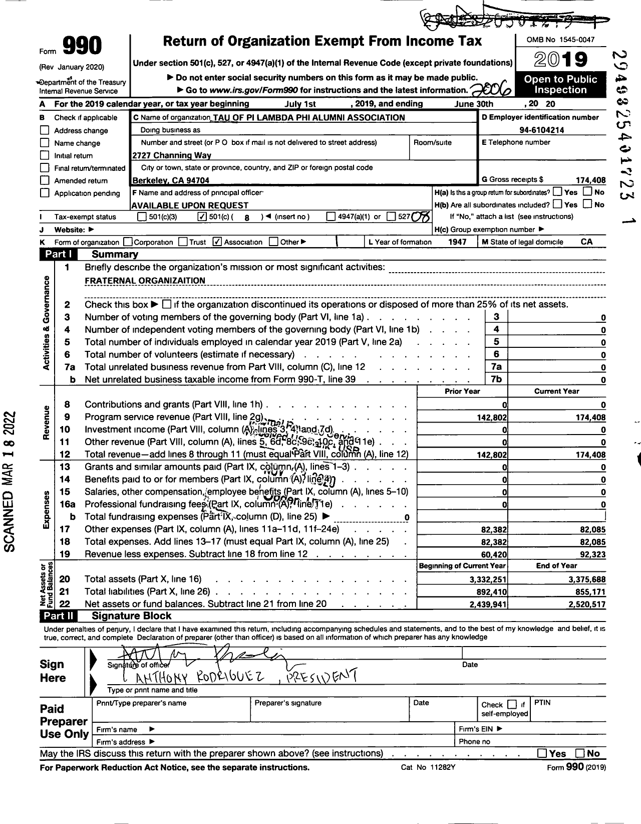 Image of first page of 2019 Form 990O for Tau of Pi Lambda Phi Alumni Association