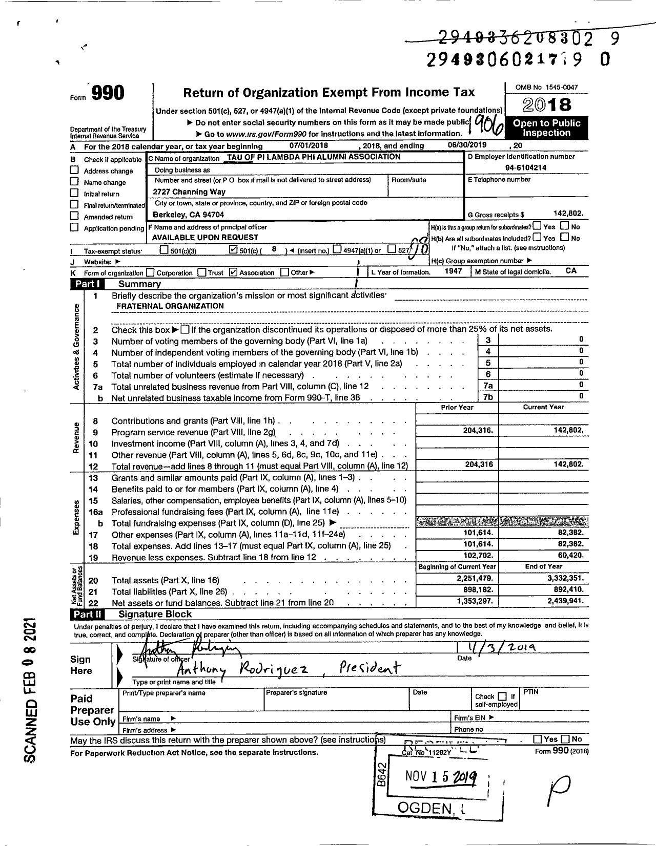 Image of first page of 2018 Form 990O for Tau of Pi Lambda Phi Alumni Association