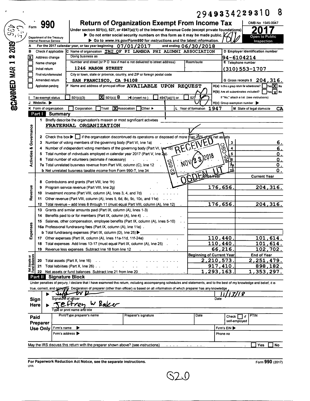 Image of first page of 2017 Form 990O for Tau of Pi Lambda Phi Alumni Association