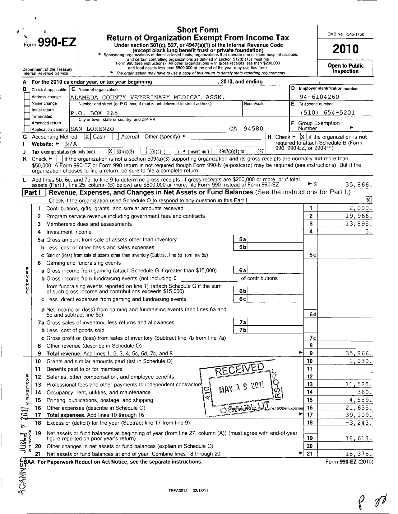 Image of first page of 2010 Form 990EZ for Alameda County Veterinary Med Association Dr Chris Stone Payne