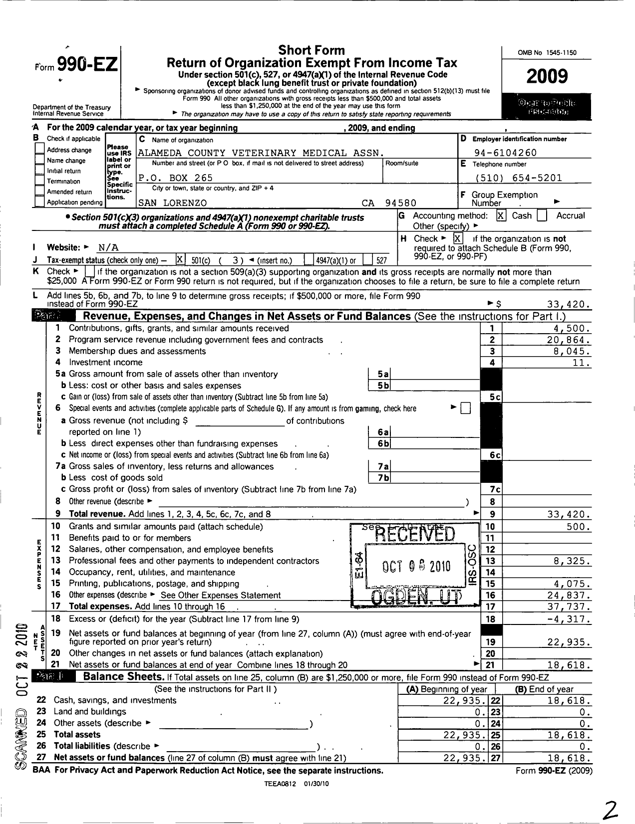 Image of first page of 2009 Form 990EZ for Alameda County Veterinary Med Association Dr Chris Stone Payne