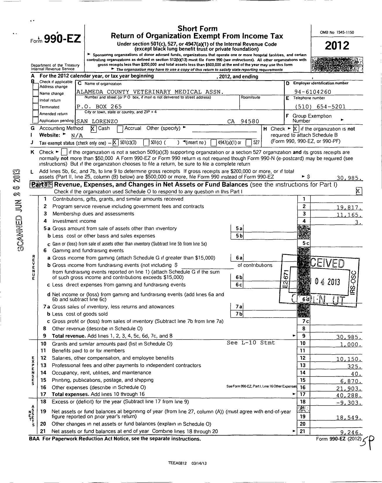 Image of first page of 2012 Form 990EZ for Alameda County Veterinary Med Association Dr Chris Stone Payne