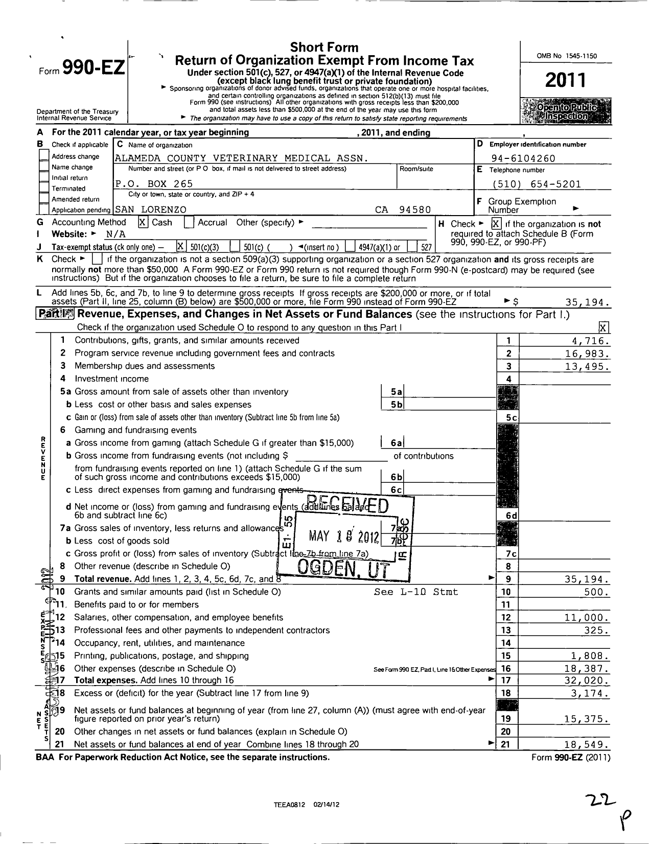 Image of first page of 2011 Form 990EZ for Alameda County Veterinary Med Association Dr Chris Stone Payne