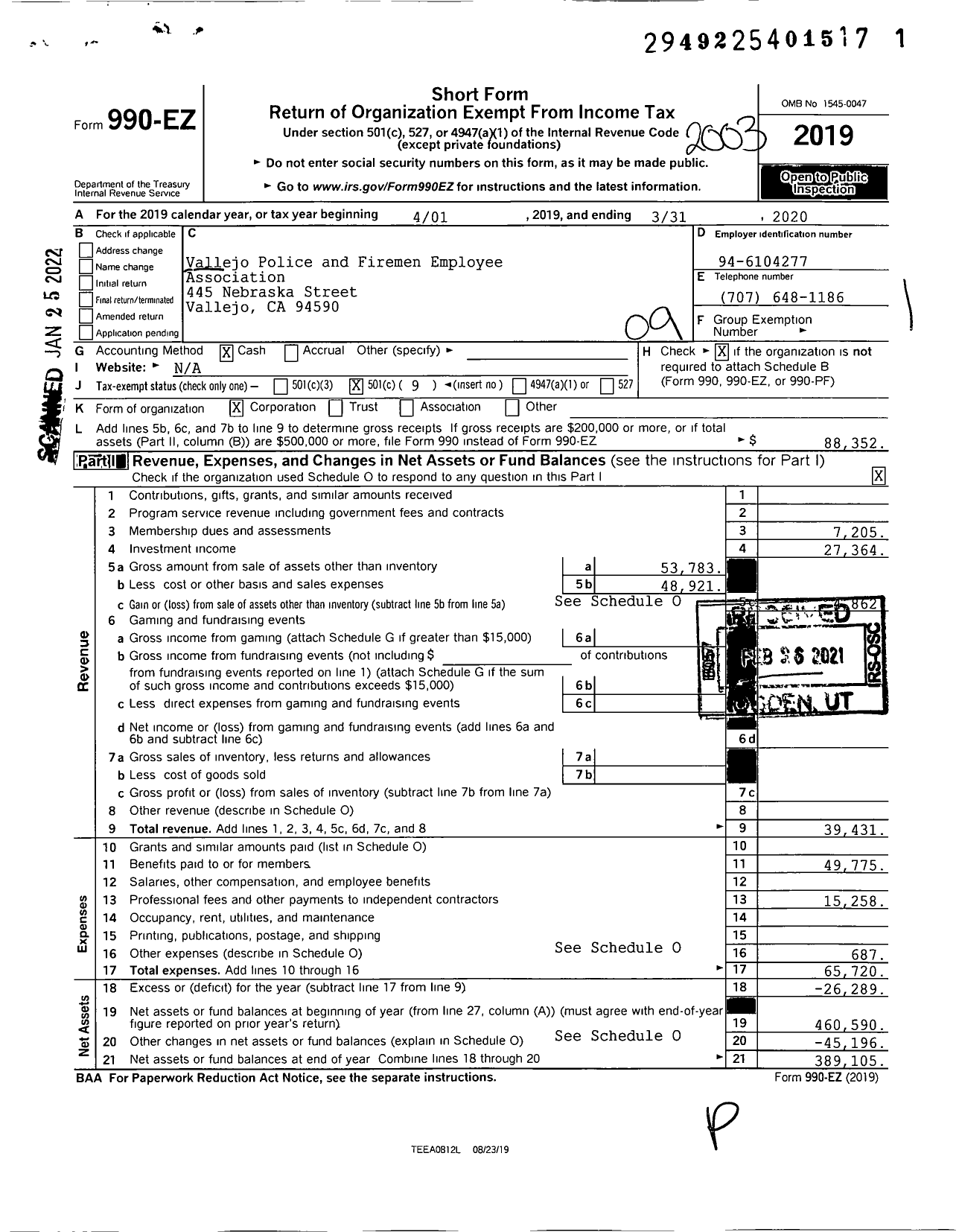 Image of first page of 2019 Form 990EO for Vallejo Police and Firemen Employee Association