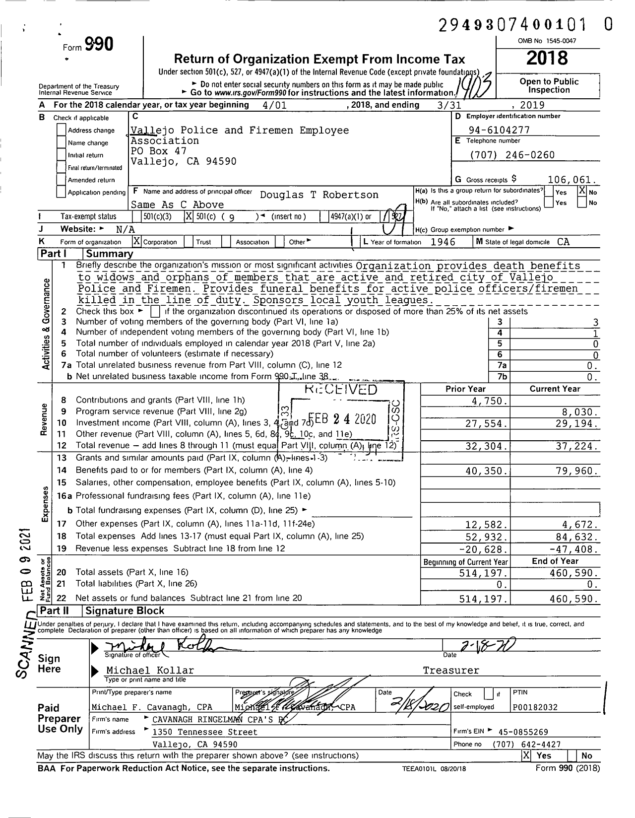 Image of first page of 2018 Form 990O for Vallejo Police and Firemen Employee Association