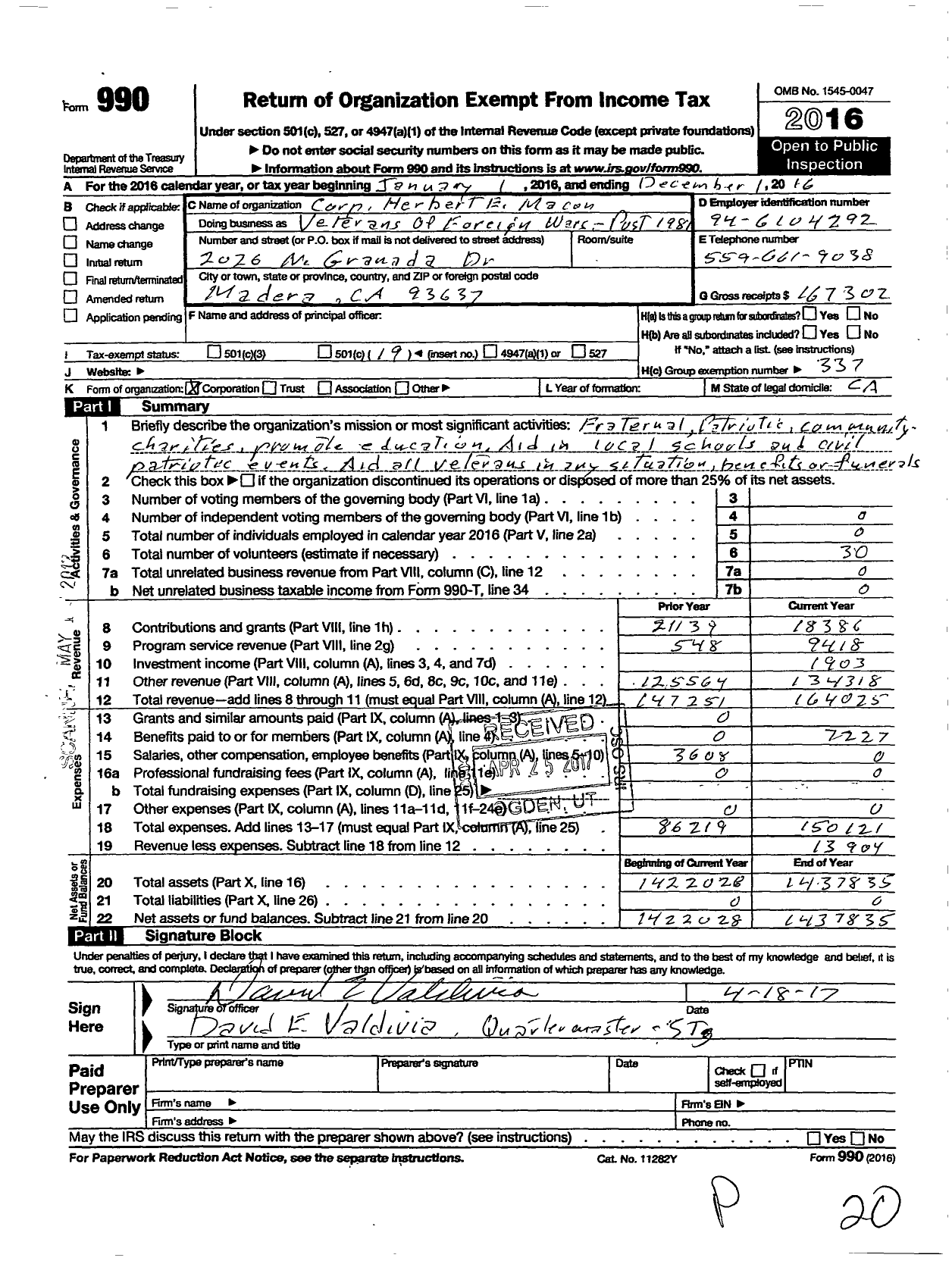 Image of first page of 2016 Form 990O for VFW California Department - 1981-cpl Herbert E Macon