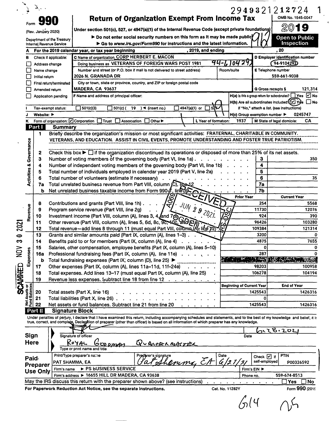 Image of first page of 2019 Form 990O for VFW California Department - 1981-cpl Herbert E Macon