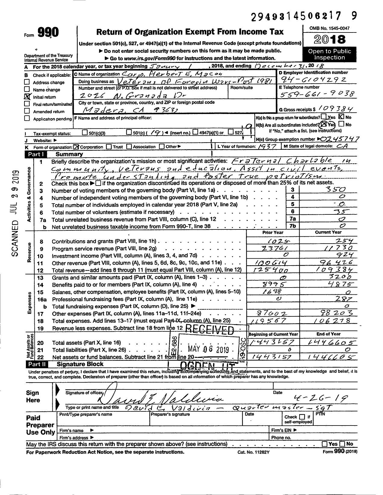 Image of first page of 2018 Form 990O for VFW California Department - 1981-cpl Herbert E Macon