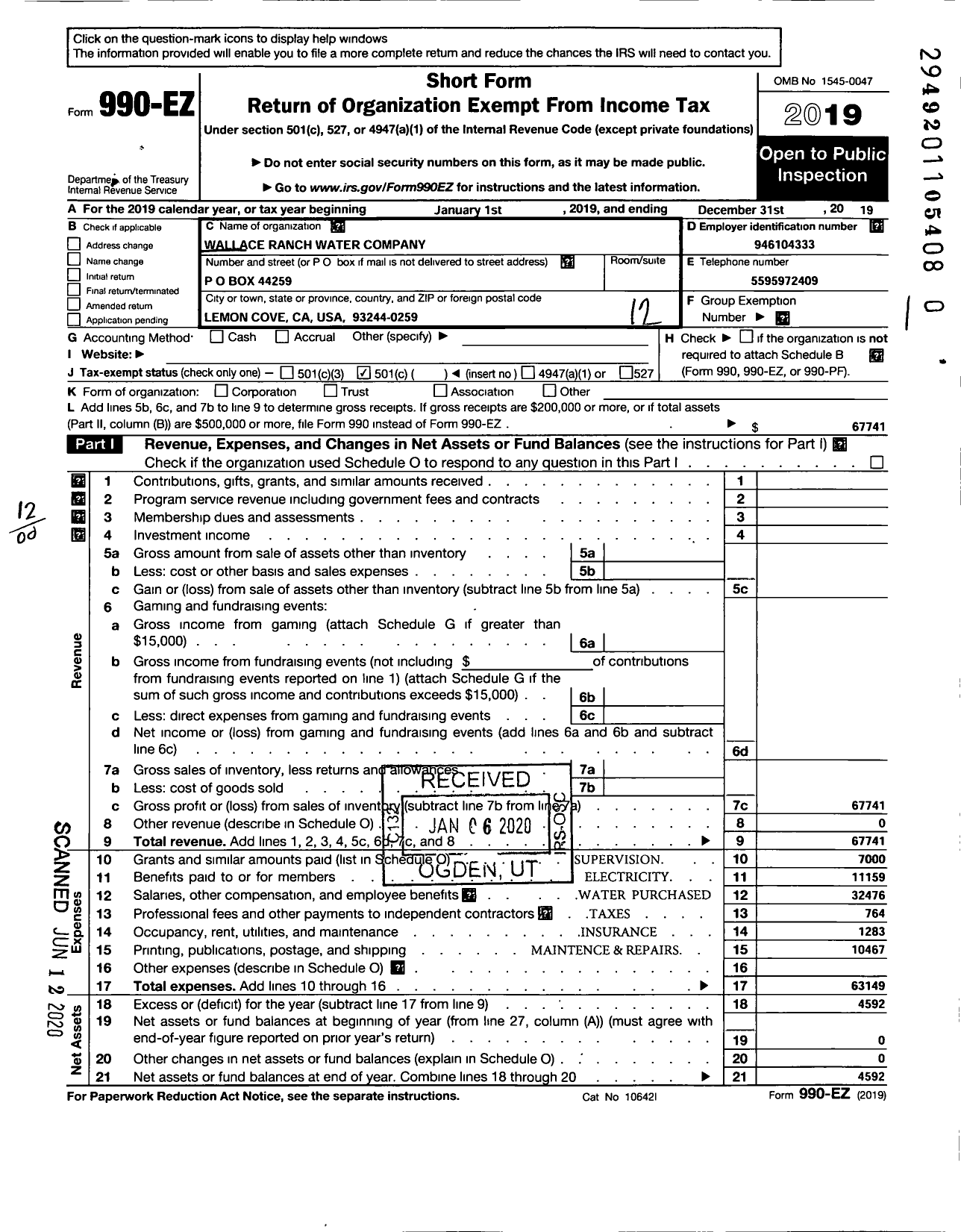 Image of first page of 2019 Form 990EO for Wallace Ranch Water Company