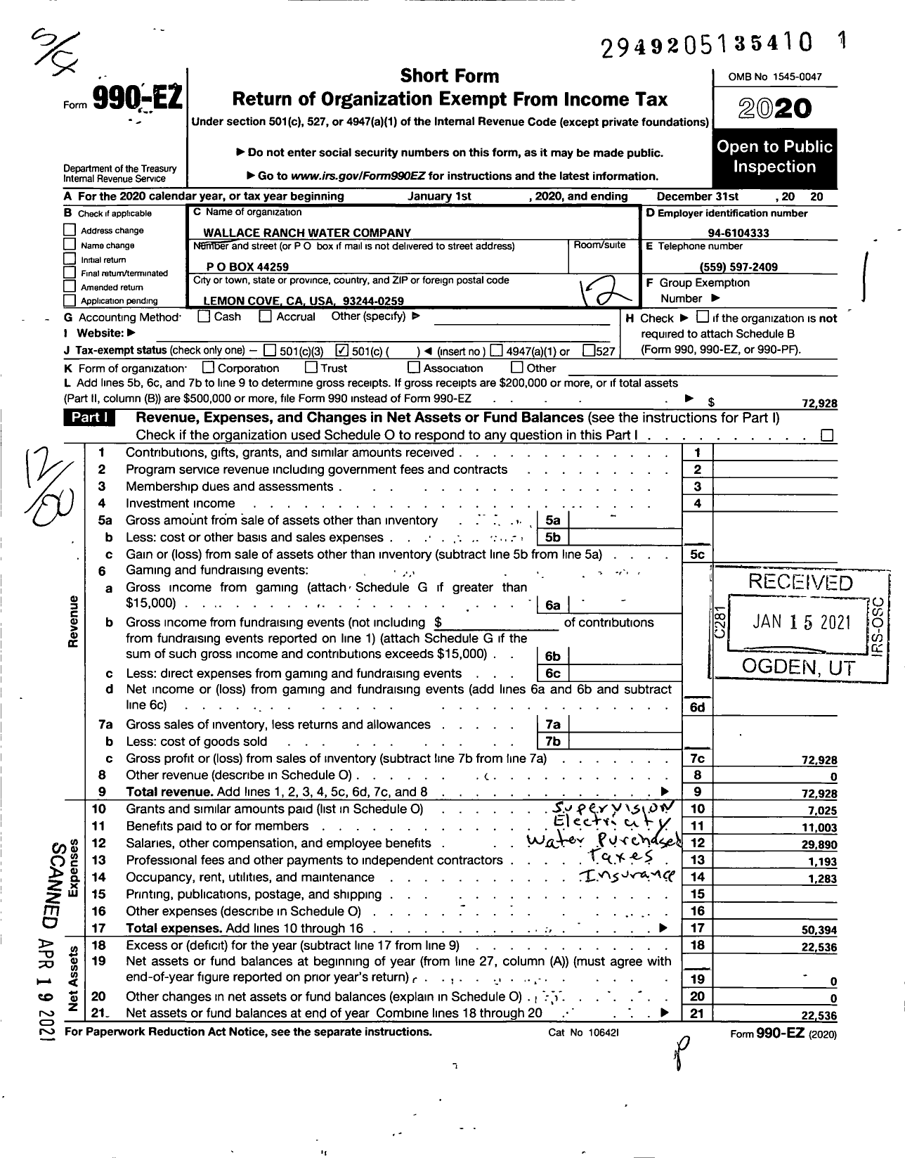 Image of first page of 2020 Form 990EO for Wallace Ranch Water Company