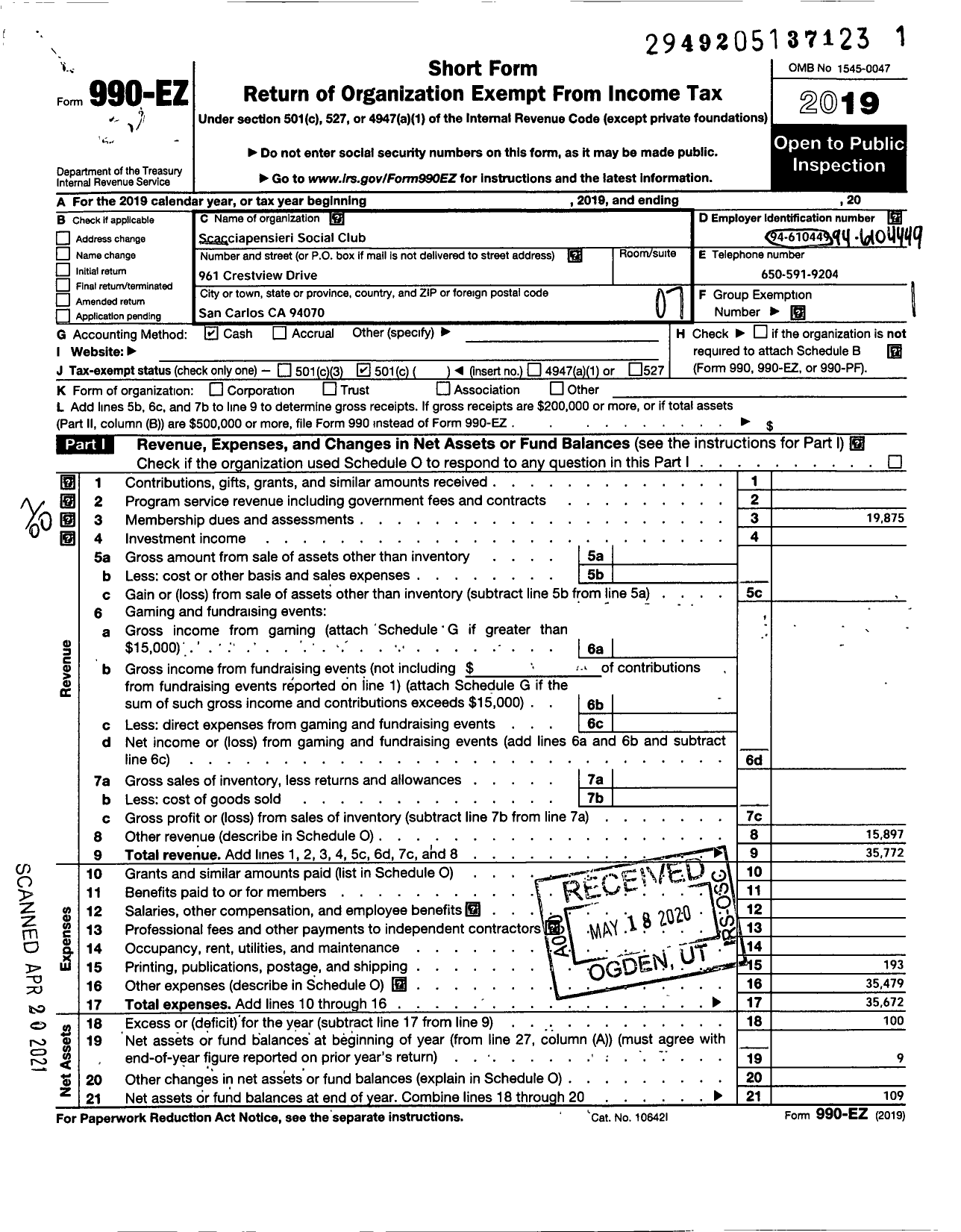 Image of first page of 2019 Form 990EO for Scacciapensieri Social Club