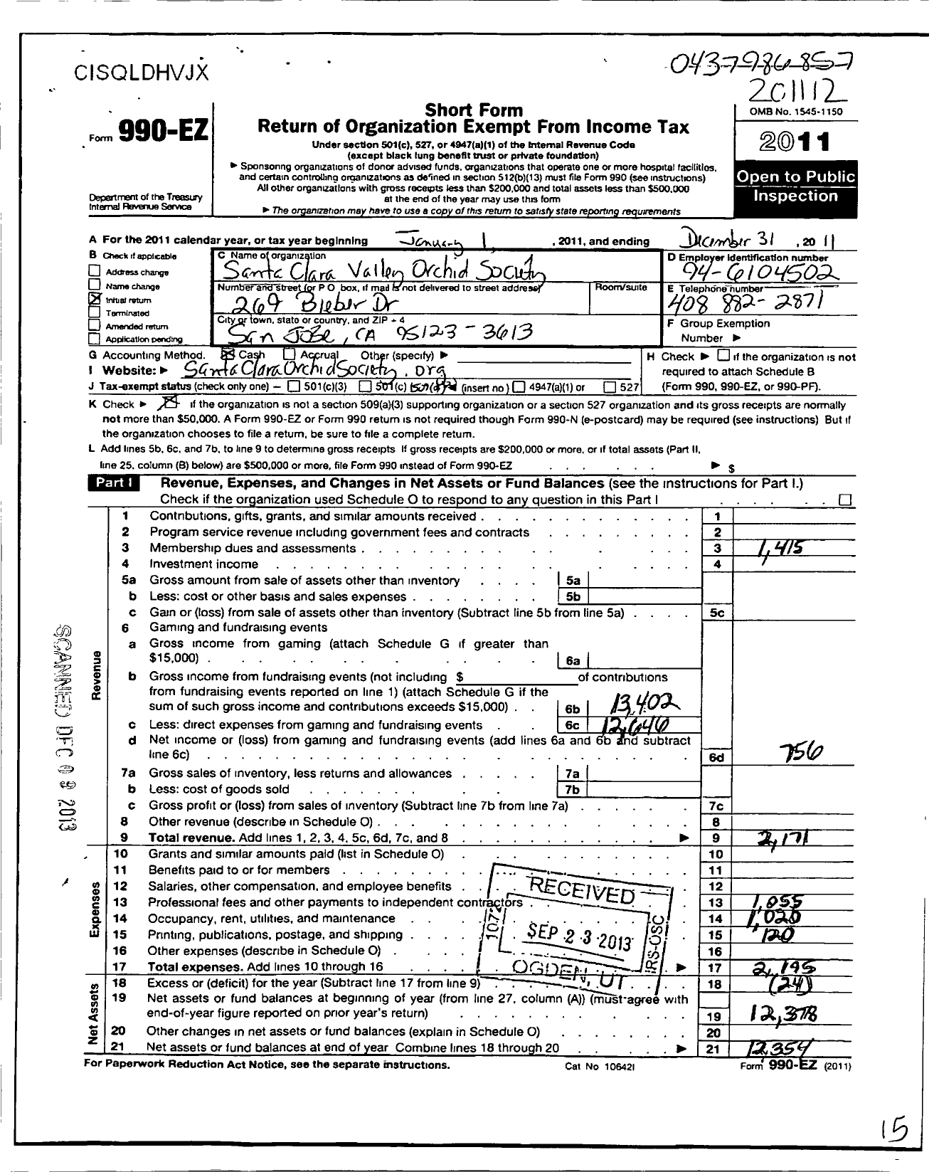 Image of first page of 2011 Form 990EO for Santa Clara Valley Orchid Society