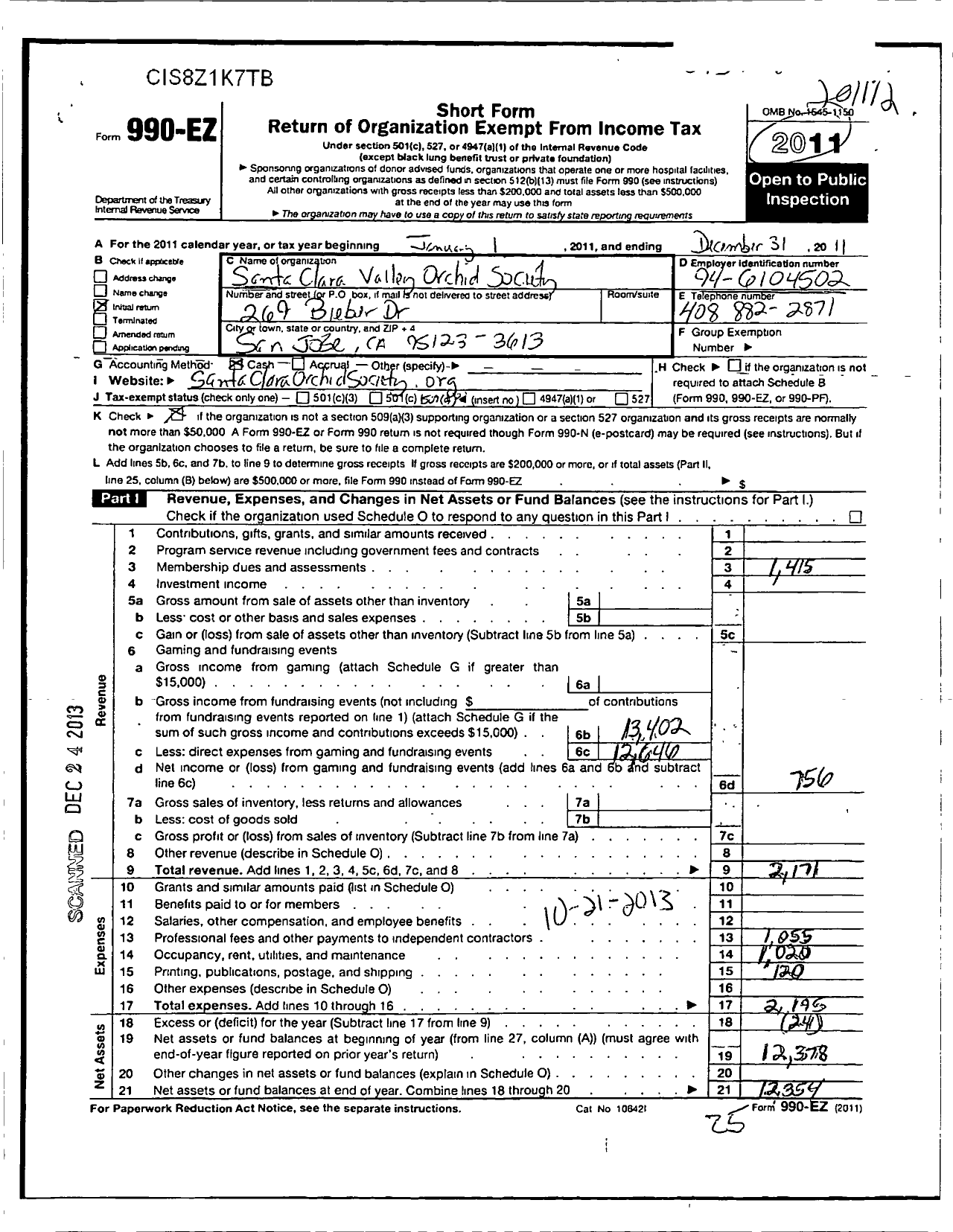 Image of first page of 2011 Form 990EO for Santa Clara Valley Orchid Society