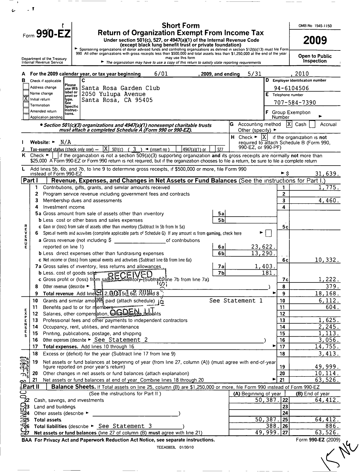 Image of first page of 2009 Form 990EZ for Santa Rosa Garden Club