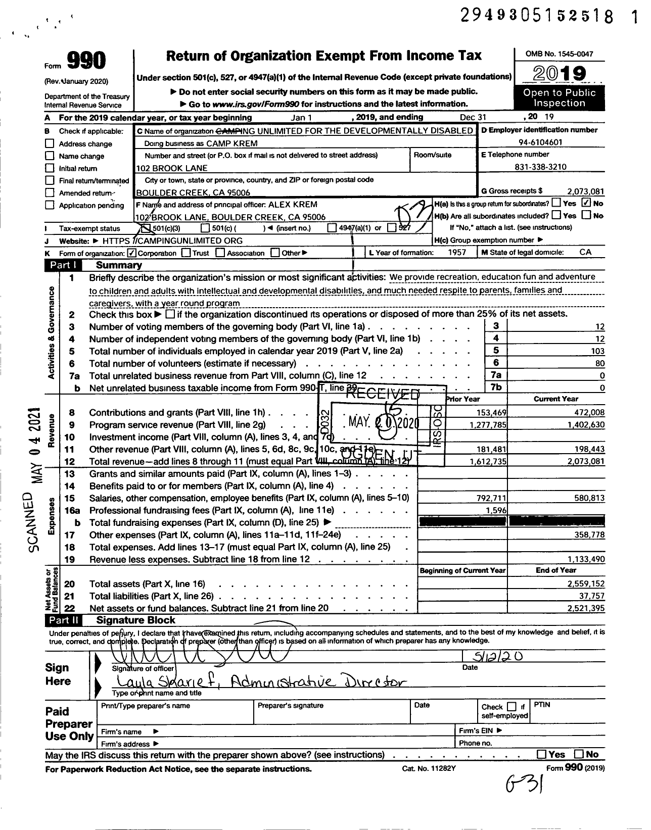 Image of first page of 2019 Form 990 for Camping Krem