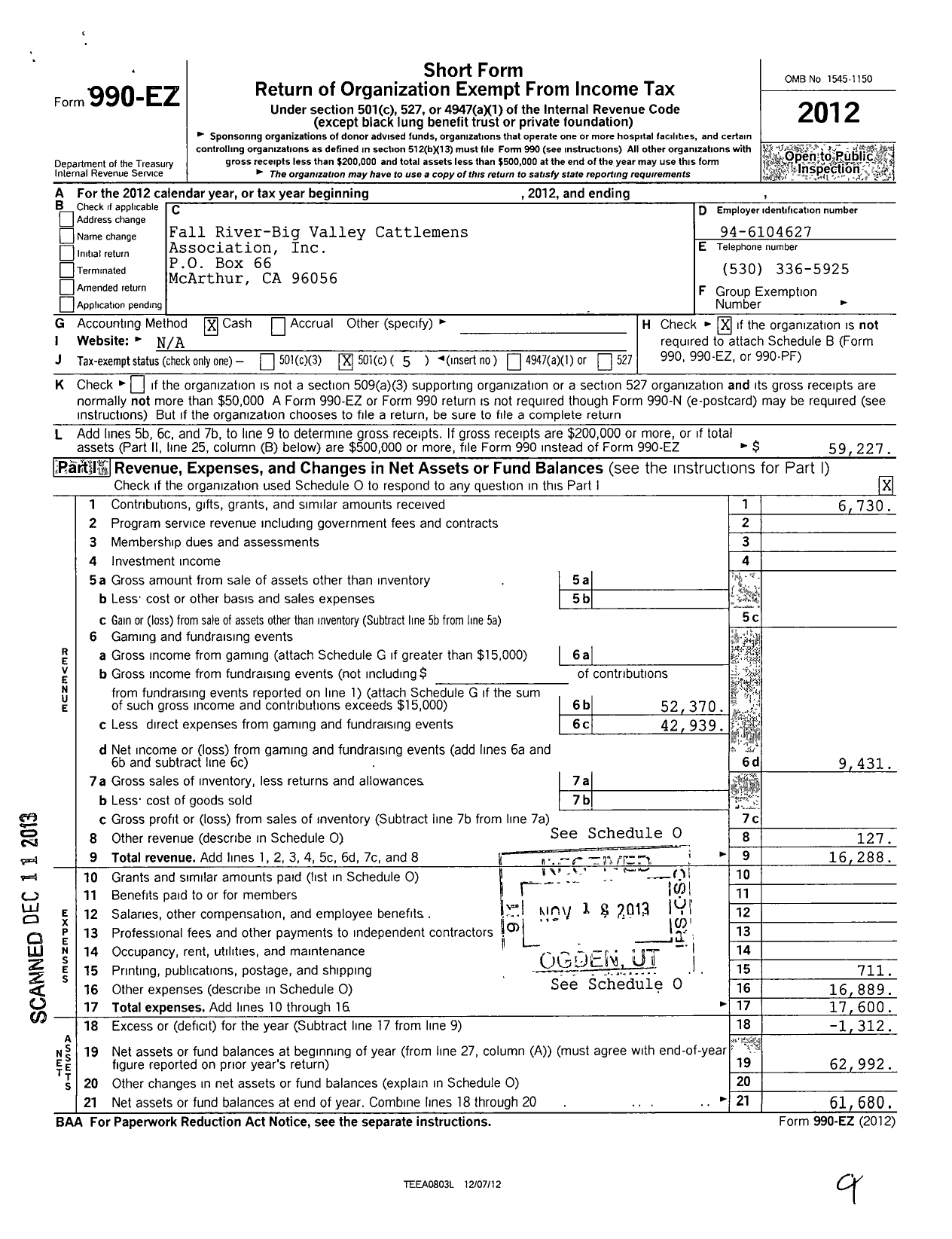 Image of first page of 2012 Form 990EO for Fall River-Big Valley Cattlemens Association