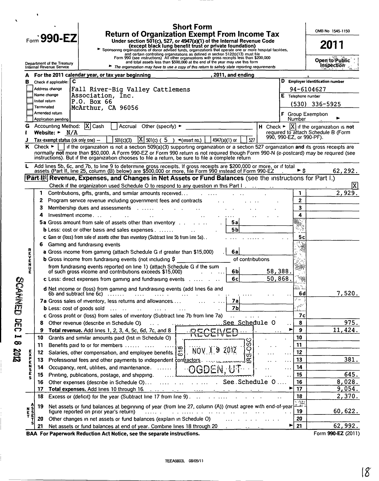 Image of first page of 2011 Form 990EO for Fall River-Big Valley Cattlemens Association