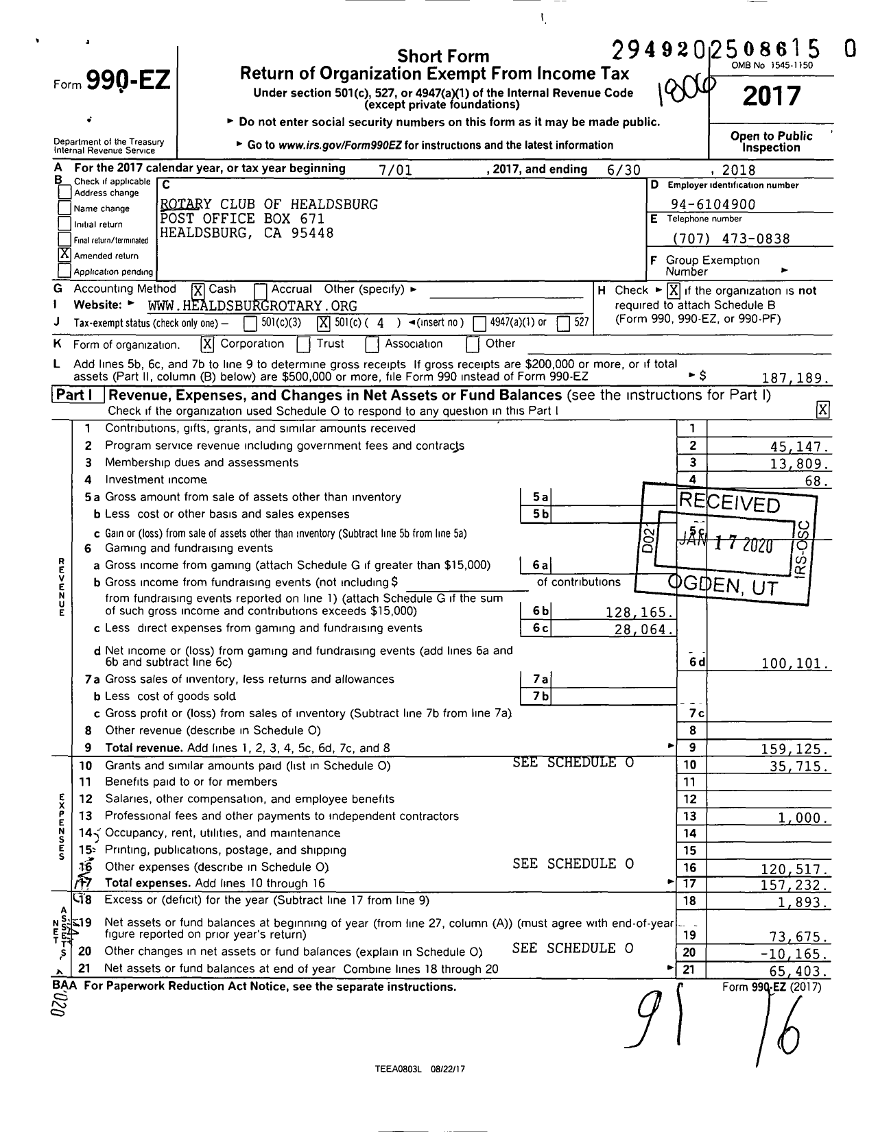 Image of first page of 2017 Form 990EO for Rotary International - Healdsburg Rotary Club