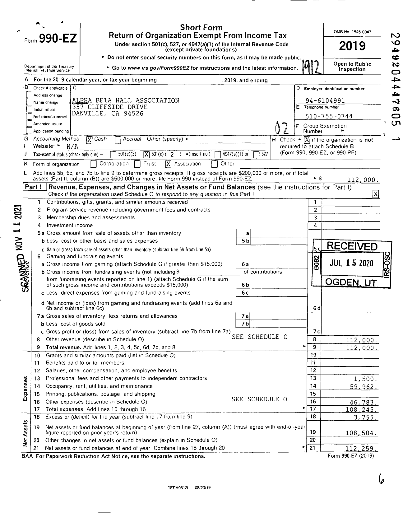 Image of first page of 2019 Form 990EO for Alpha Beta Hall Association