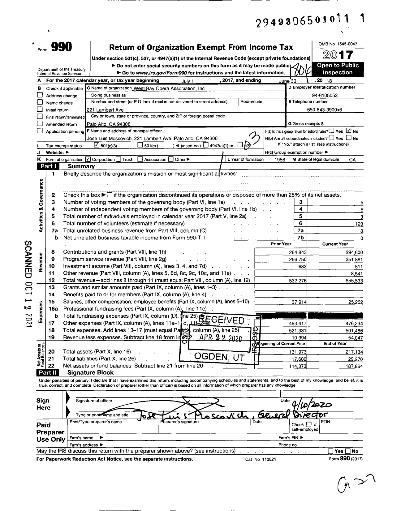 Image of first page of 2017 Form 990 for West Bay Opera Association