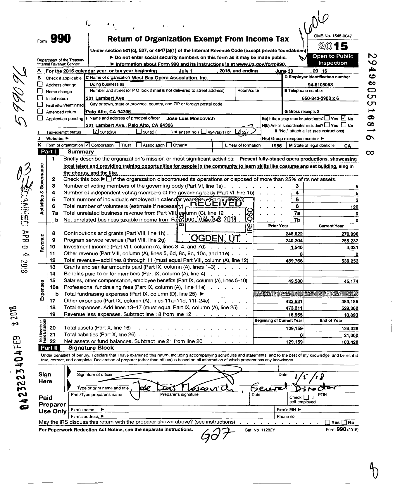 Image of first page of 2015 Form 990 for West Bay Opera Association