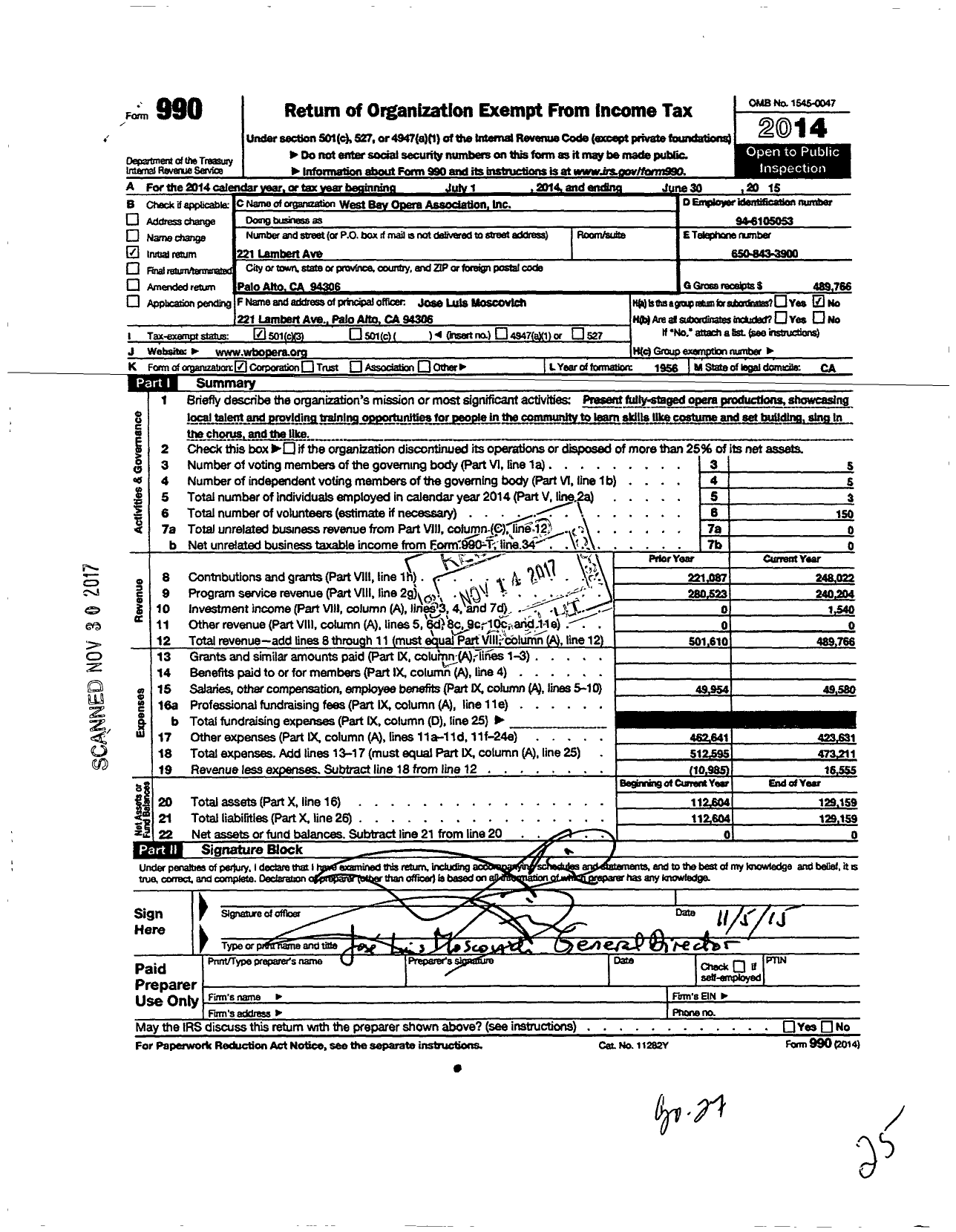 Image of first page of 2014 Form 990 for West Bay Opera Association