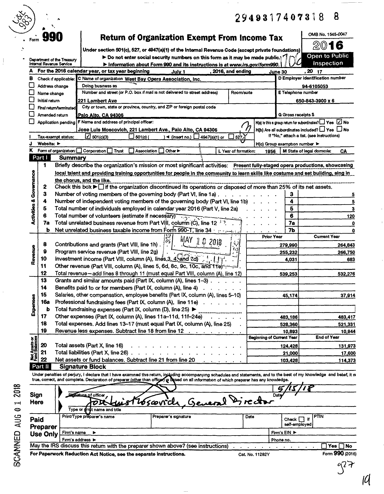 Image of first page of 2016 Form 990 for West Bay Opera Association